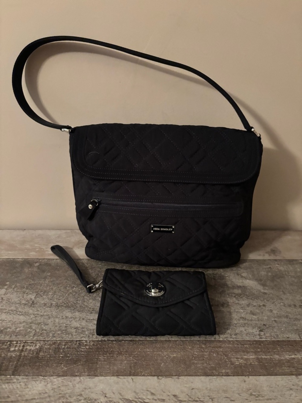 Vera Bradley Black Quilted Crossbody Shoulder Bag with Matching Wallet